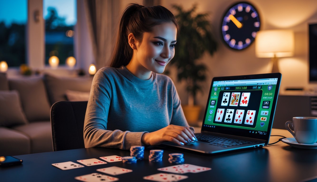 Seorang wanita muda sedang bermain poker online di laptop di ruang tamu dengan suasana hangat dan pencahayaan lembut.