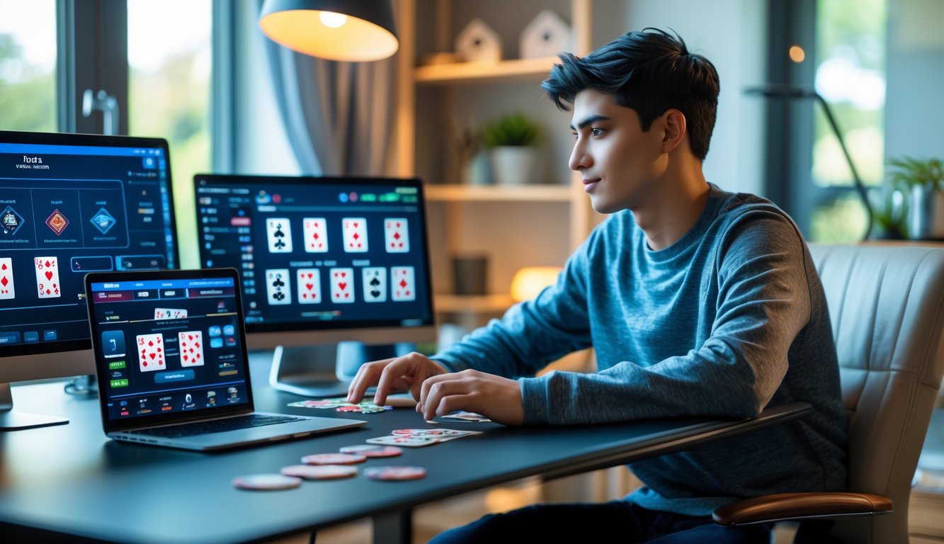 Seorang dewasa muda duduk di meja kerja dengan laptop dan ponsel yang menampilkan permainan poker online, dikelilingi chip poker dan kartu, di dalam ruangan yang nyaman dan terang.