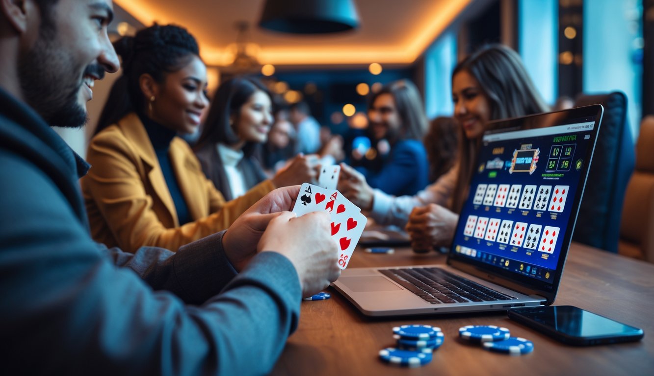 Beberapa orang sedang bermain poker online menggunakan laptop dan ponsel di ruangan yang nyaman dan terang.