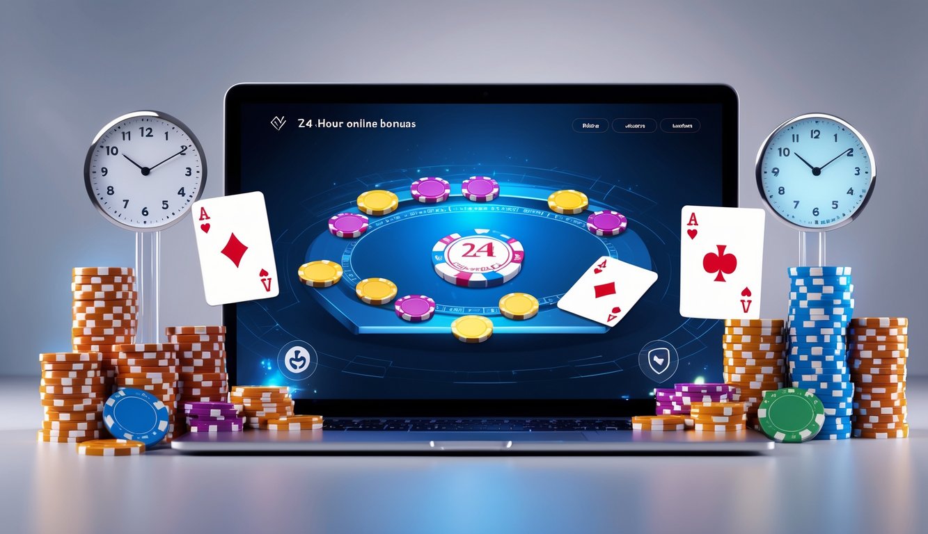 Seorang pengguna bermain poker online di perangkat digital dengan tumpukan chip dan kartu poker di layar, menunjukkan permainan poker 24 jam dengan bonus besar.