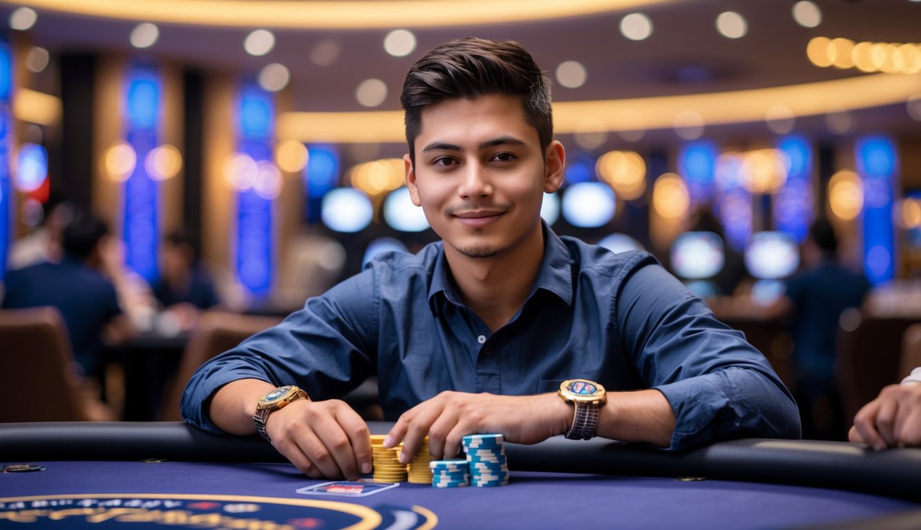 Seorang pemain poker muda duduk di meja poker dengan kartu dan tumpukan chip di depan, di dalam ruangan kasino yang terang dan ramai.