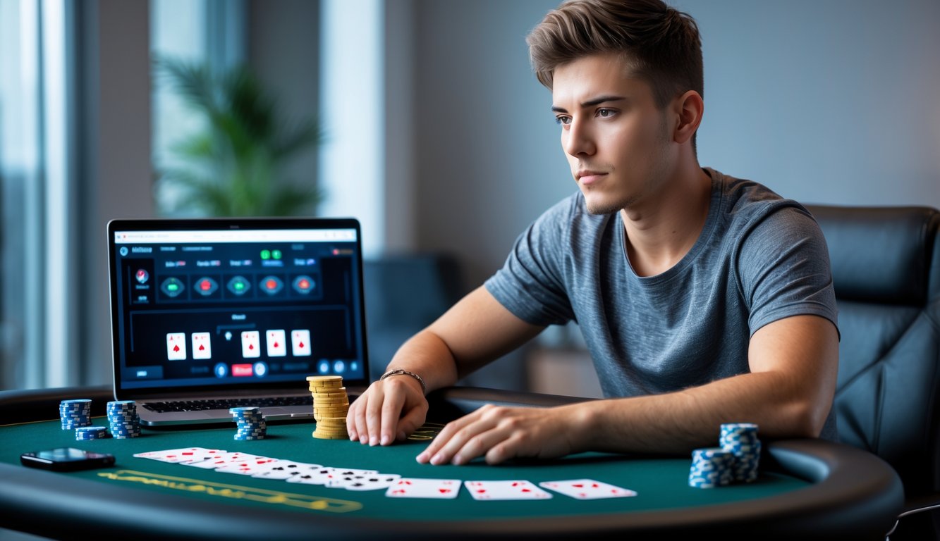 Seorang pemain poker muda yang fokus duduk di meja poker dengan chip dan kartu, menggunakan laptop untuk bermain poker online di dalam ruangan.