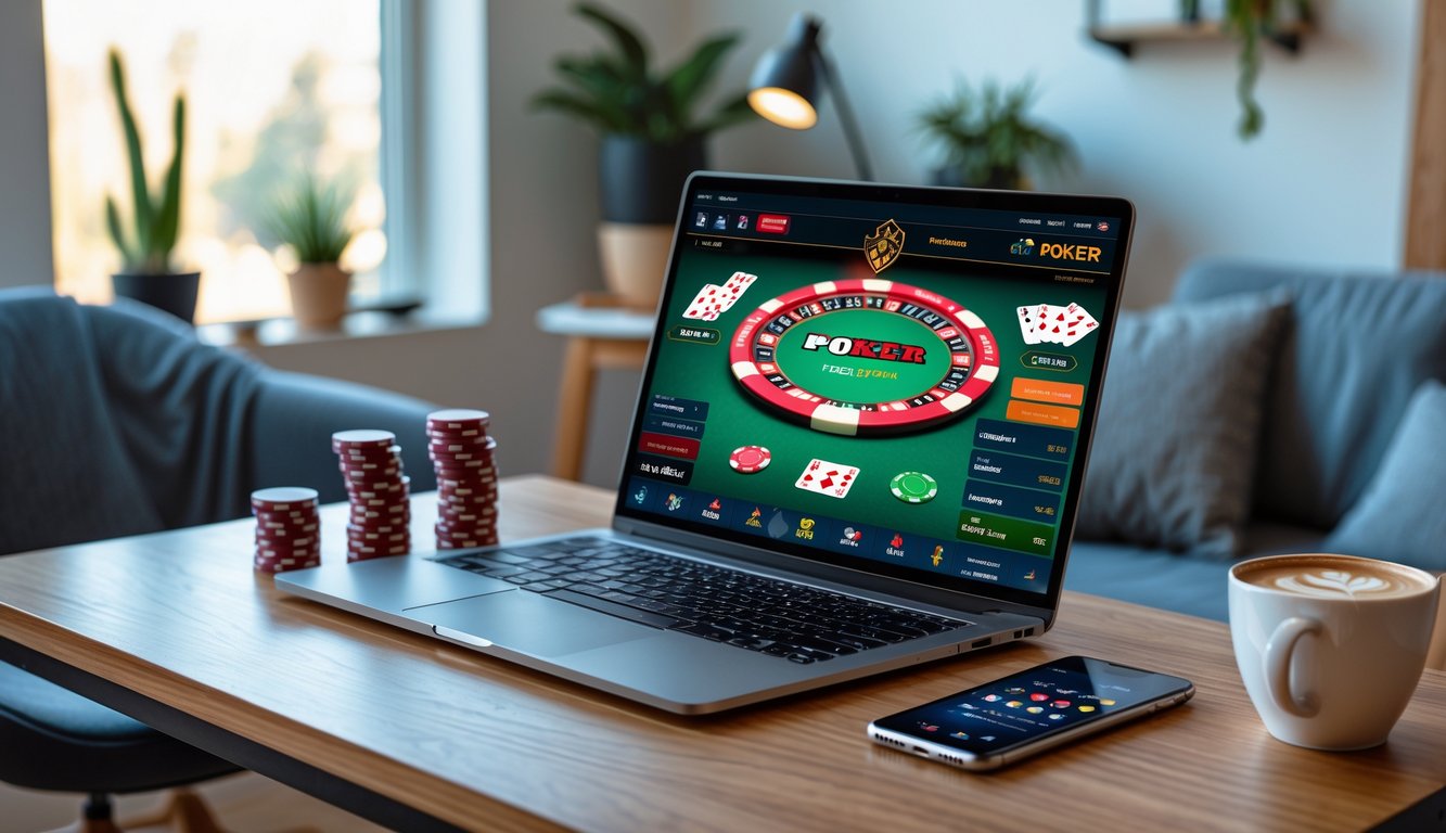 Sebuah meja kerja dengan laptop yang menampilkan permainan poker online, tumpukan chip poker kecil, ponsel dengan aplikasi poker, dan secangkir kopi di dekat jendela dengan cahaya alami.