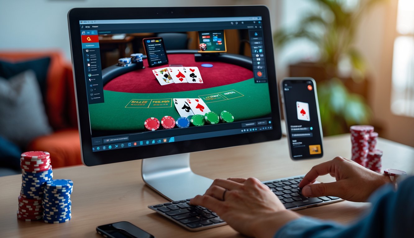 Seorang pemain poker menggunakan komputer dan ponsel di ruang kerja yang nyaman dengan tumpukan chip poker kecil di meja.