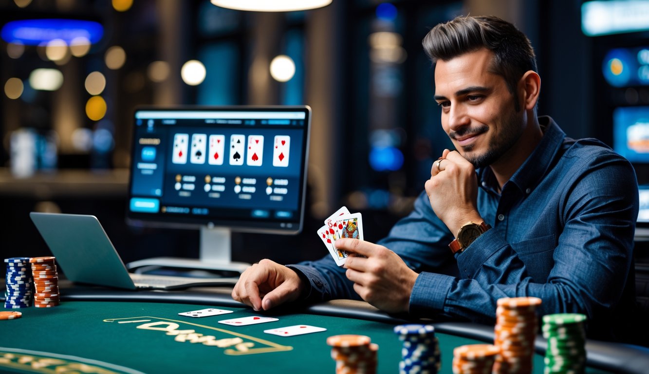 Seorang pria duduk di meja poker dengan chip dan kartu, bermain poker online menggunakan laptop di ruangan yang terang.