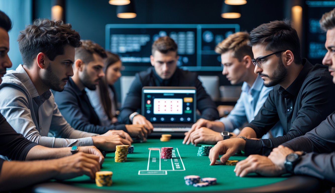 Beberapa orang bermain poker di meja dengan chip dan kartu, menggunakan laptop untuk bermain poker online.