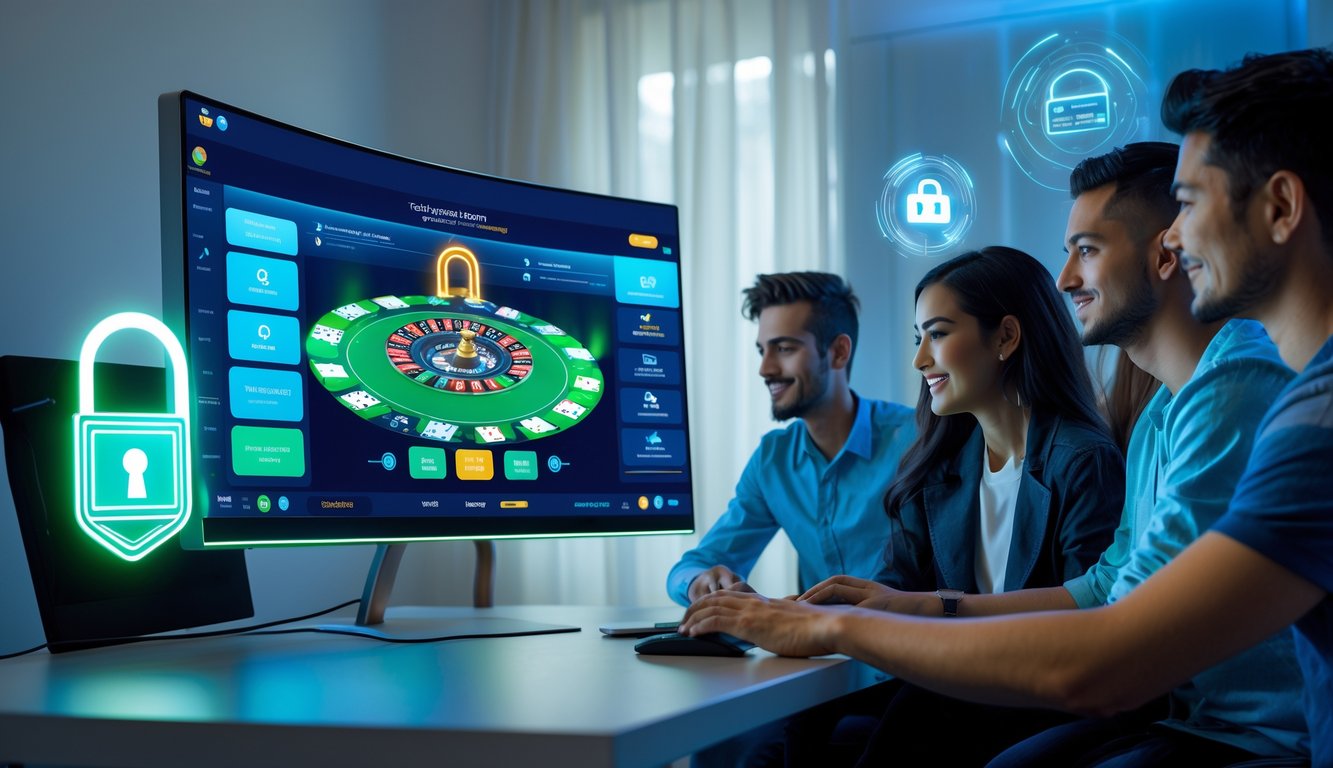 Sekelompok orang muda sedang bermain poker online di depan komputer dengan suasana modern dan pencahayaan biru hijau yang menonjolkan keamanan dan teknologi.