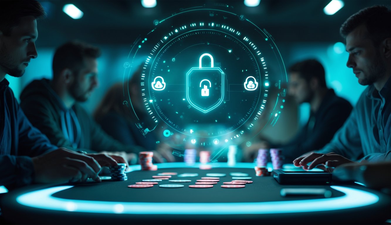 Meja poker virtual dengan kartu dan chip, latar belakang menampilkan ikon keamanan digital, dan beberapa orang bermain poker secara online.