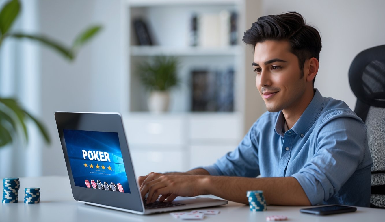 Seorang dewasa muda duduk di meja kerja dengan laptop terbuka, fokus menggunakan situs poker online di ruangan rumah yang nyaman.