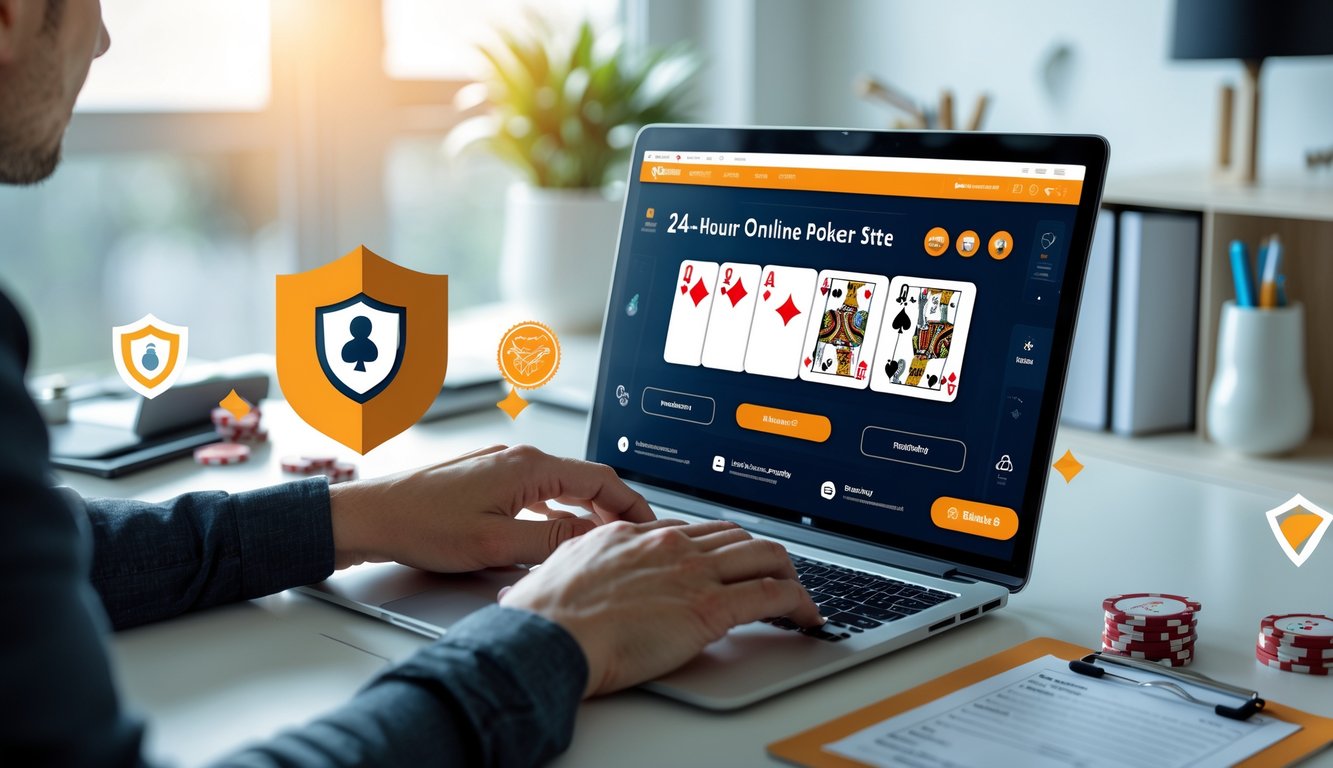 Seseorang menggunakan laptop dengan permainan poker online di layar di ruang kerja yang rapi dan terang dengan simbol keamanan di sekitarnya.