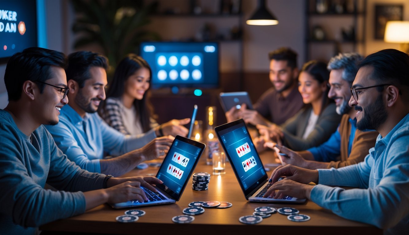 Beberapa orang bermain poker online di perangkat digital di rumah pada berbagai waktu sepanjang hari dan malam.