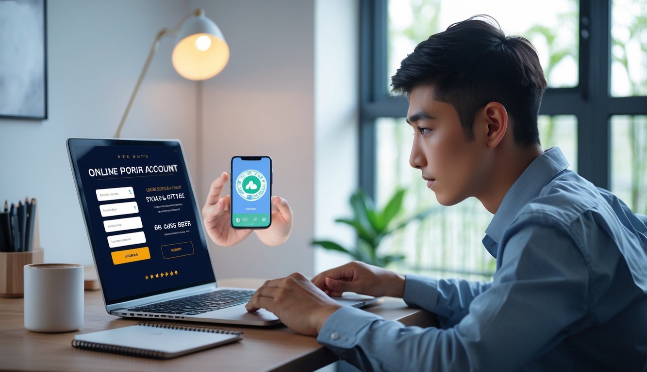 Seseorang menggunakan laptop di ruang kerja rumah yang rapi untuk mendaftar akun poker online dengan suasana tenang dan aman.