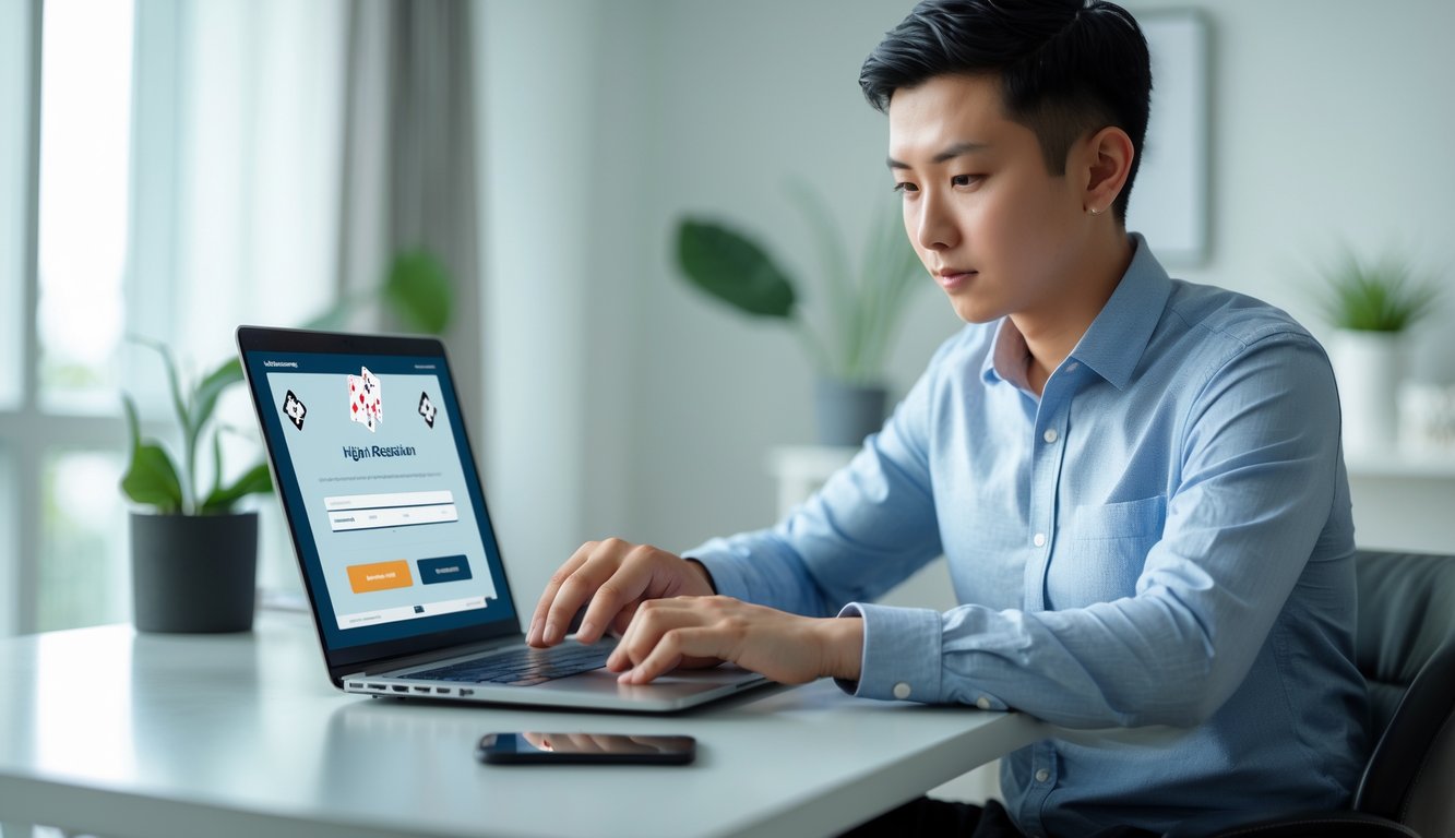 Seseorang sedang menggunakan laptop dan ponsel untuk mendaftar akun poker online di ruang kerja yang rapi dan terang.