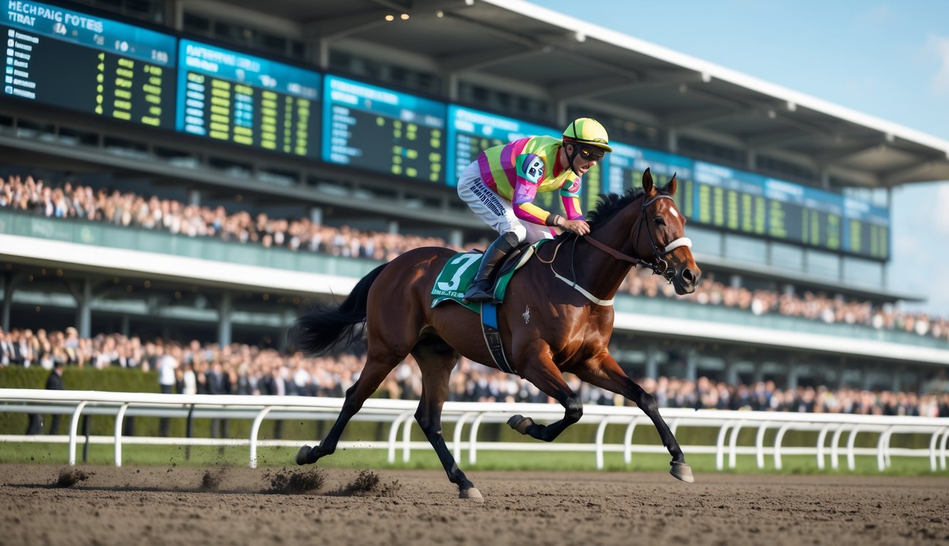 Seorang joki menunggang kuda pacu yang sedang berlari cepat di lintasan balap dengan penonton di tribun belakang dan layar digital menampilkan statistik balap.