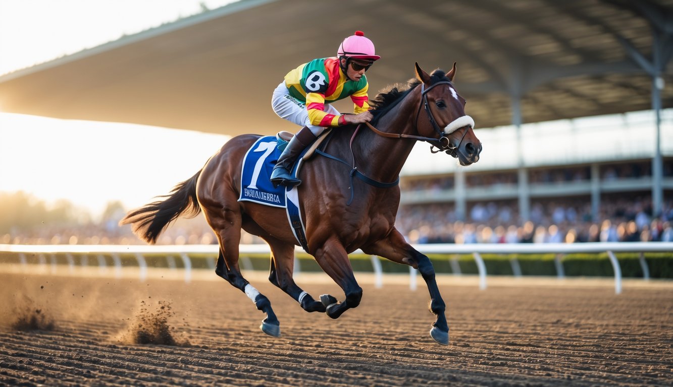 Seorang joki mengenakan pakaian balap berwarna-warni sedang menunggang kuda pacuan yang berlari kencang di lintasan balap dengan penonton di latar belakang.