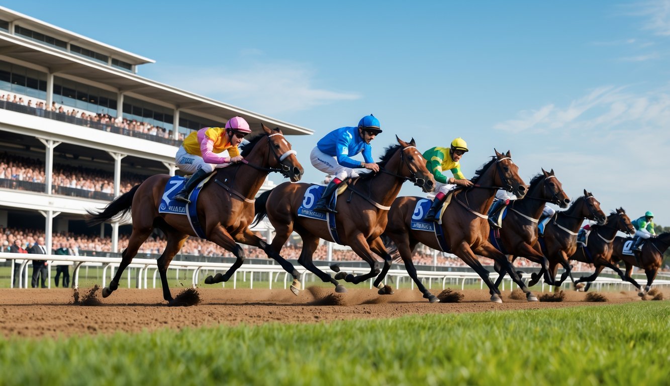 Beberapa kuda pacu dengan joki sedang berlari di lintasan balap dengan tribun penonton di latar belakang.