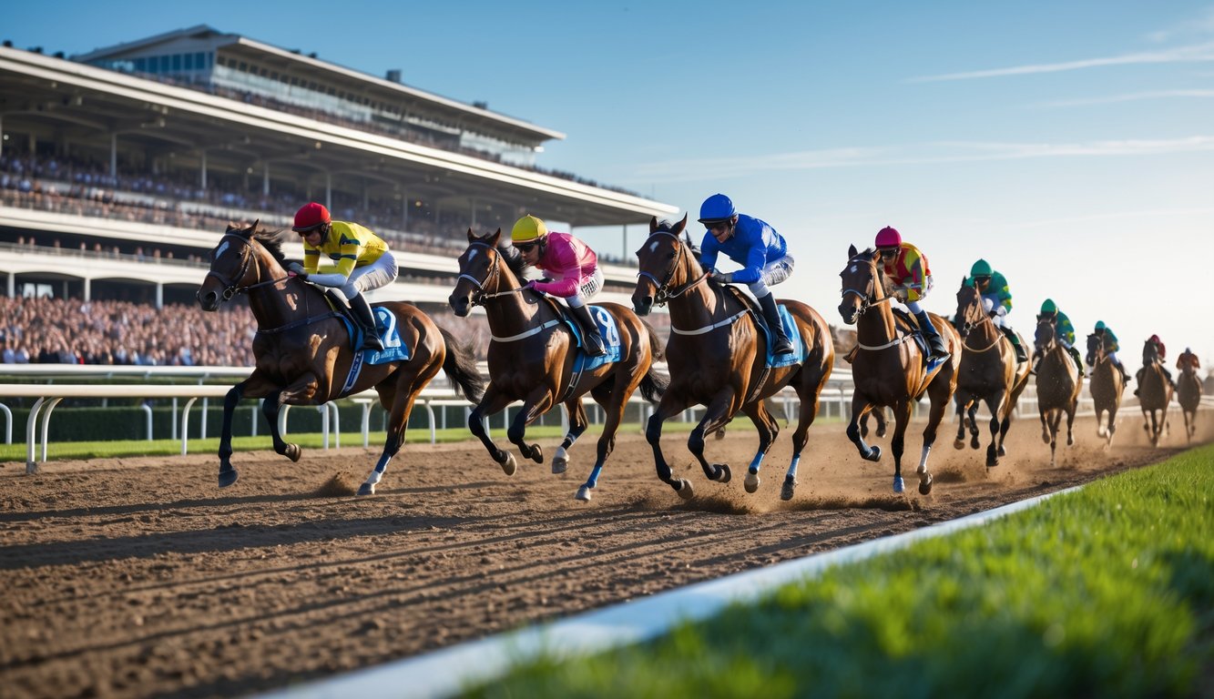Beberapa kuda pacuan dengan joki berwarna-warni sedang berlari kencang di lintasan balap dengan tribun penonton penuh di latar belakang.