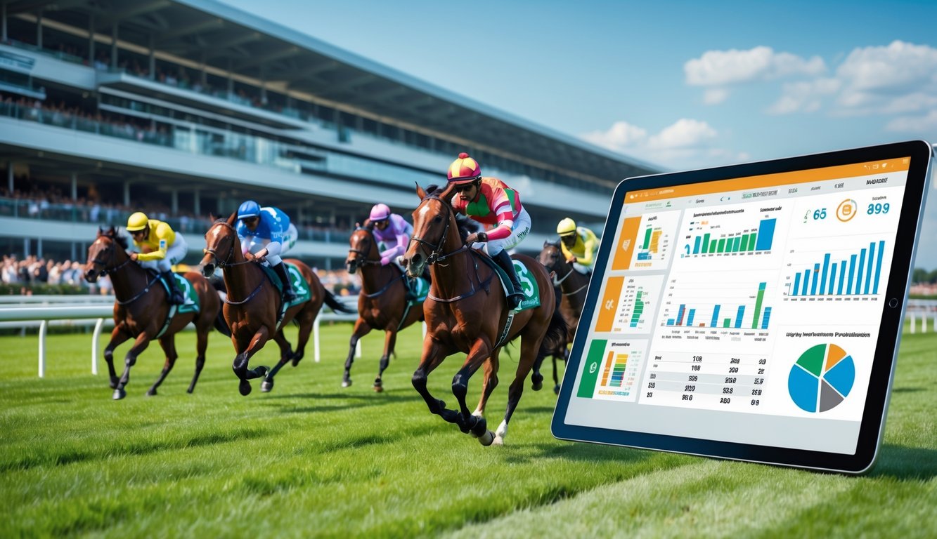 Beberapa kuda pacu dengan joki sedang berlari di lintasan balap dengan latar belakang tribun penonton dan layar digital yang menampilkan data performa kuda.