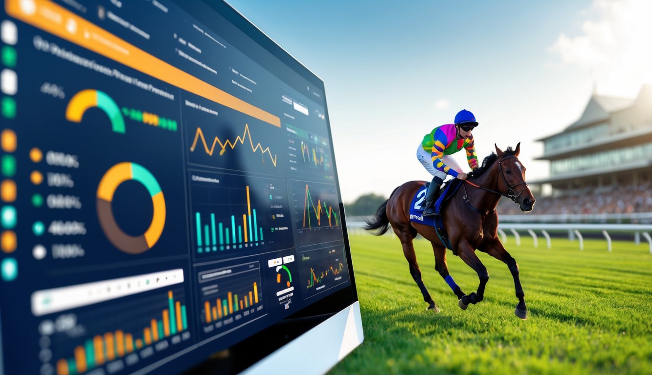 Seekor kuda pacu dengan joki berlari di lintasan balap, dengan layar digital menampilkan grafik dan data performa kuda di latar depan.
