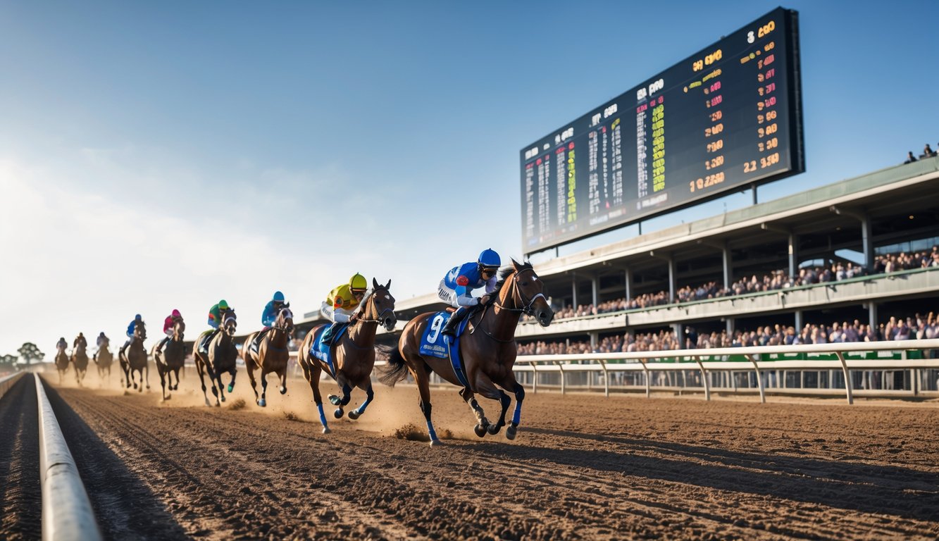 Beberapa kuda pacu dengan joki sedang berlomba di lintasan balap dengan papan digital menampilkan data odds dan statistik di latar depan, serta penonton di tribun.