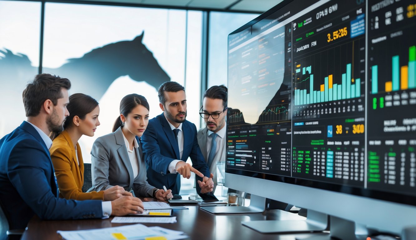 Sekelompok profesional sedang menganalisis data balap kuda di ruang kantor dengan layar digital besar yang menampilkan grafik dan angka odds balap kuda.