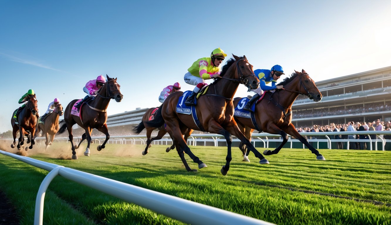 Beberapa kuda pacu sedang berlari cepat di lintasan dengan joki mengenakan pakaian berwarna-warni dan penonton yang antusias di tribun.