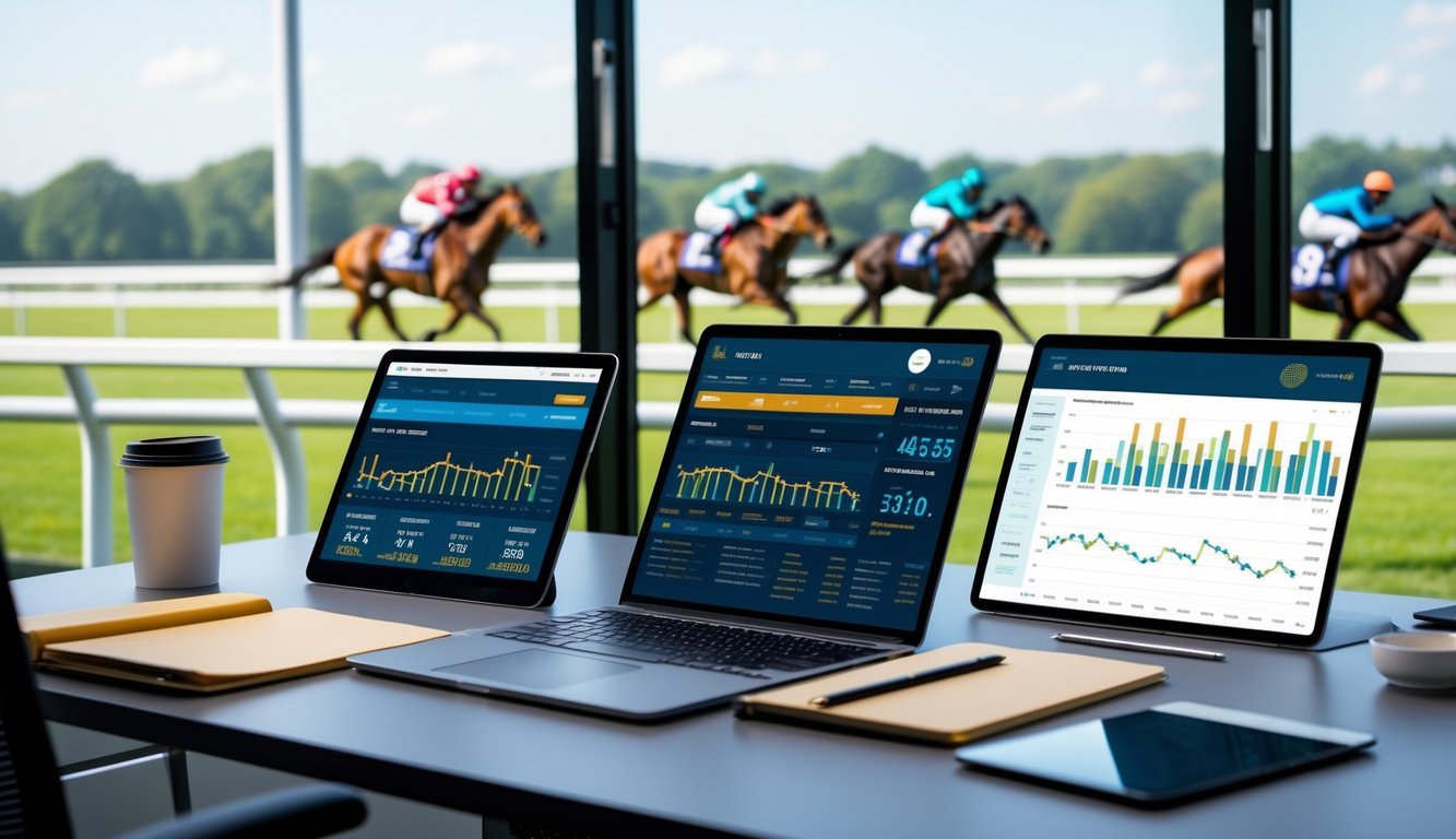 Sebuah ruang kerja modern dengan perangkat digital yang menampilkan data balap kuda dan latar belakang lintasan kuda sedang berlari.