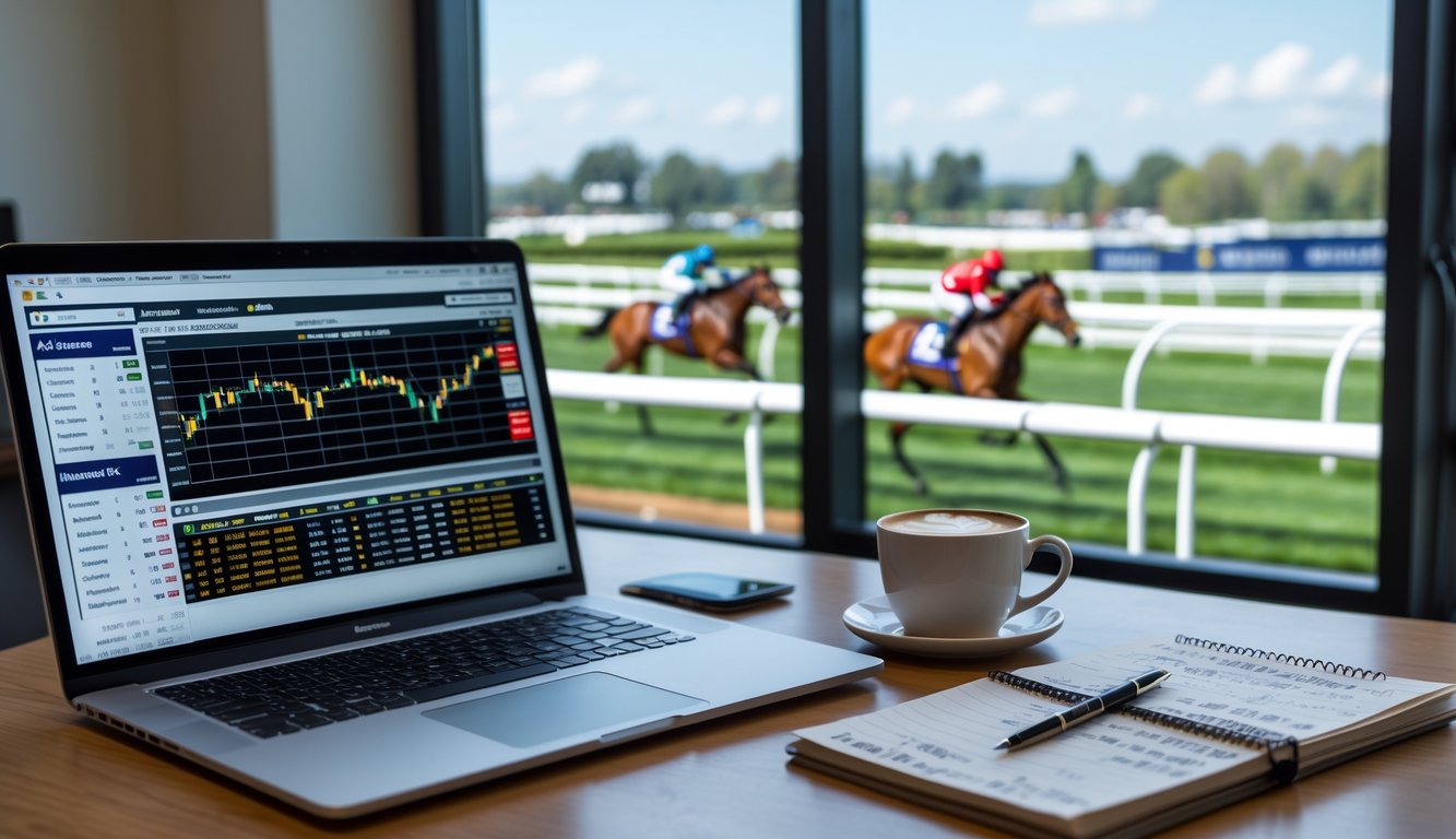 Seorang individu di meja kerja dengan laptop menampilkan data balap kuda, catatan tertulis, dan latar belakang lintasan balap dengan kuda dan joki sedang berlomba.