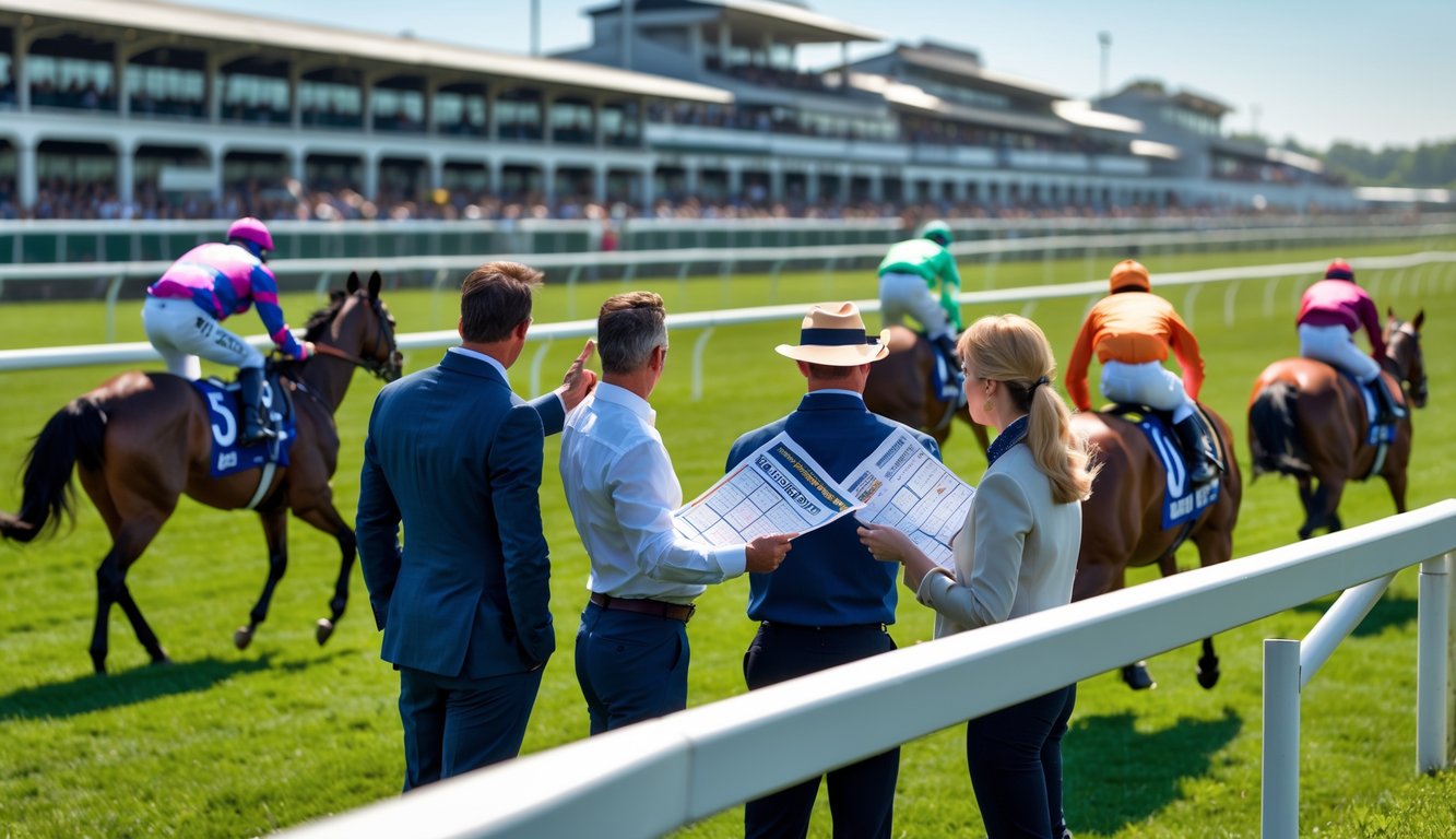 Tiga orang menonton balap kuda di lintasan luar ruangan dengan kuda dan joki yang sedang berlari, latar belakang tribun penonton dan langit cerah.