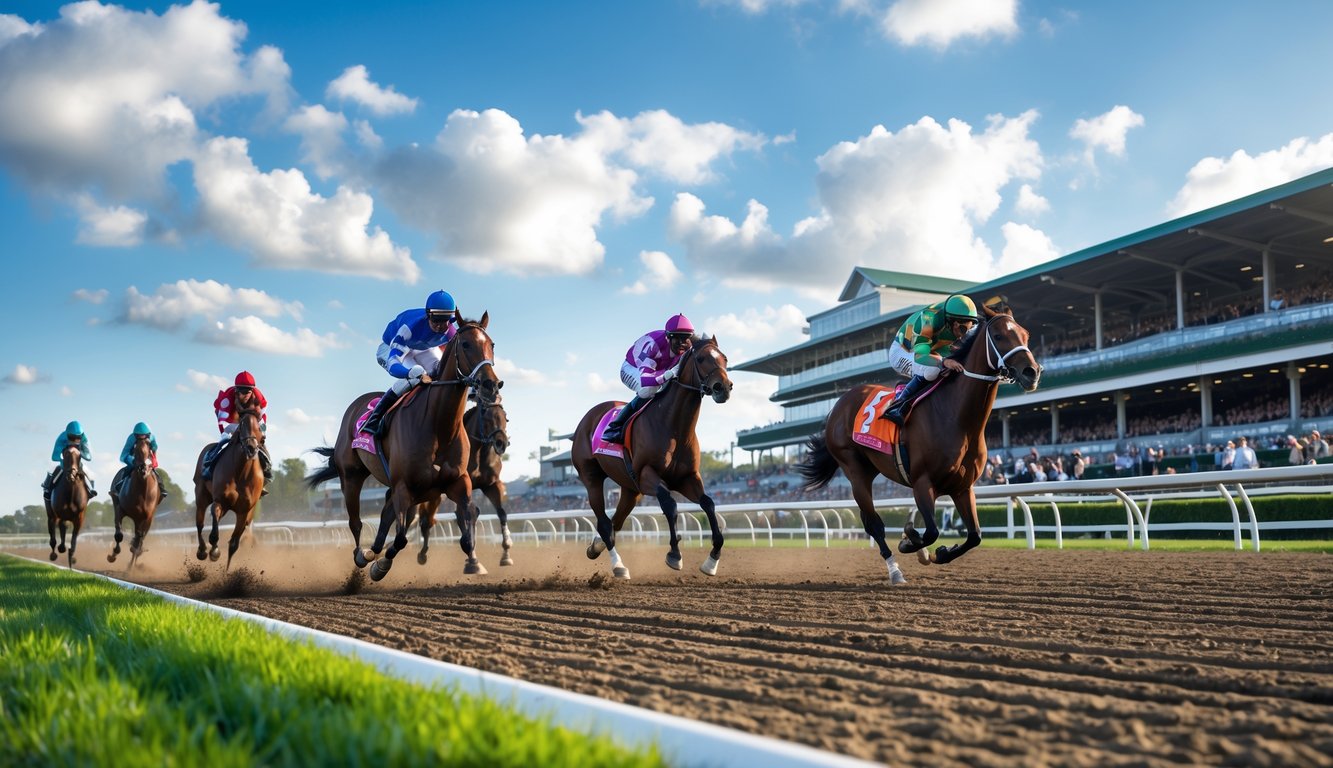 Balapan kuda dengan beberapa kuda dan joki yang sedang berlomba di lintasan dengan cuaca cerah dan penonton di stadion.