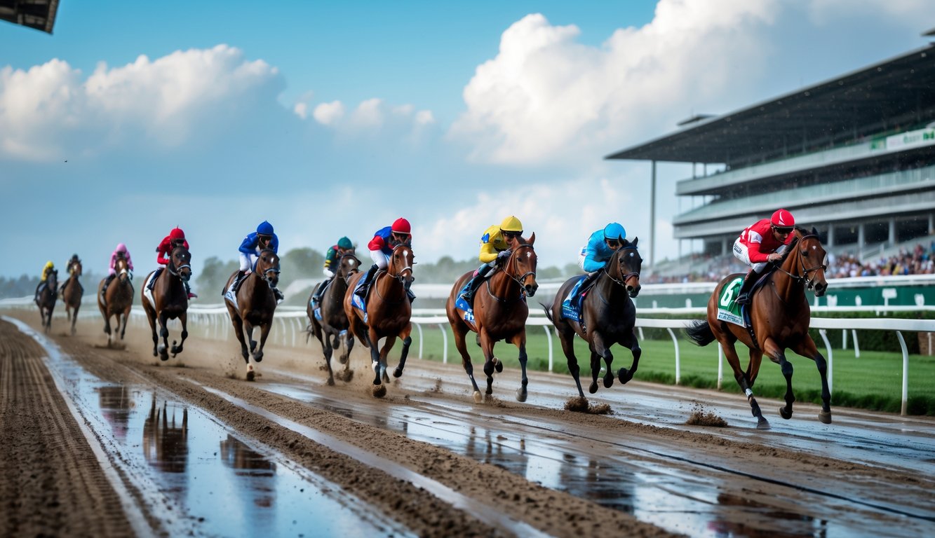 Beberapa kuda pacu berlari di arena balap dengan latar langit yang berubah dari cerah ke mendung dan hujan ringan.