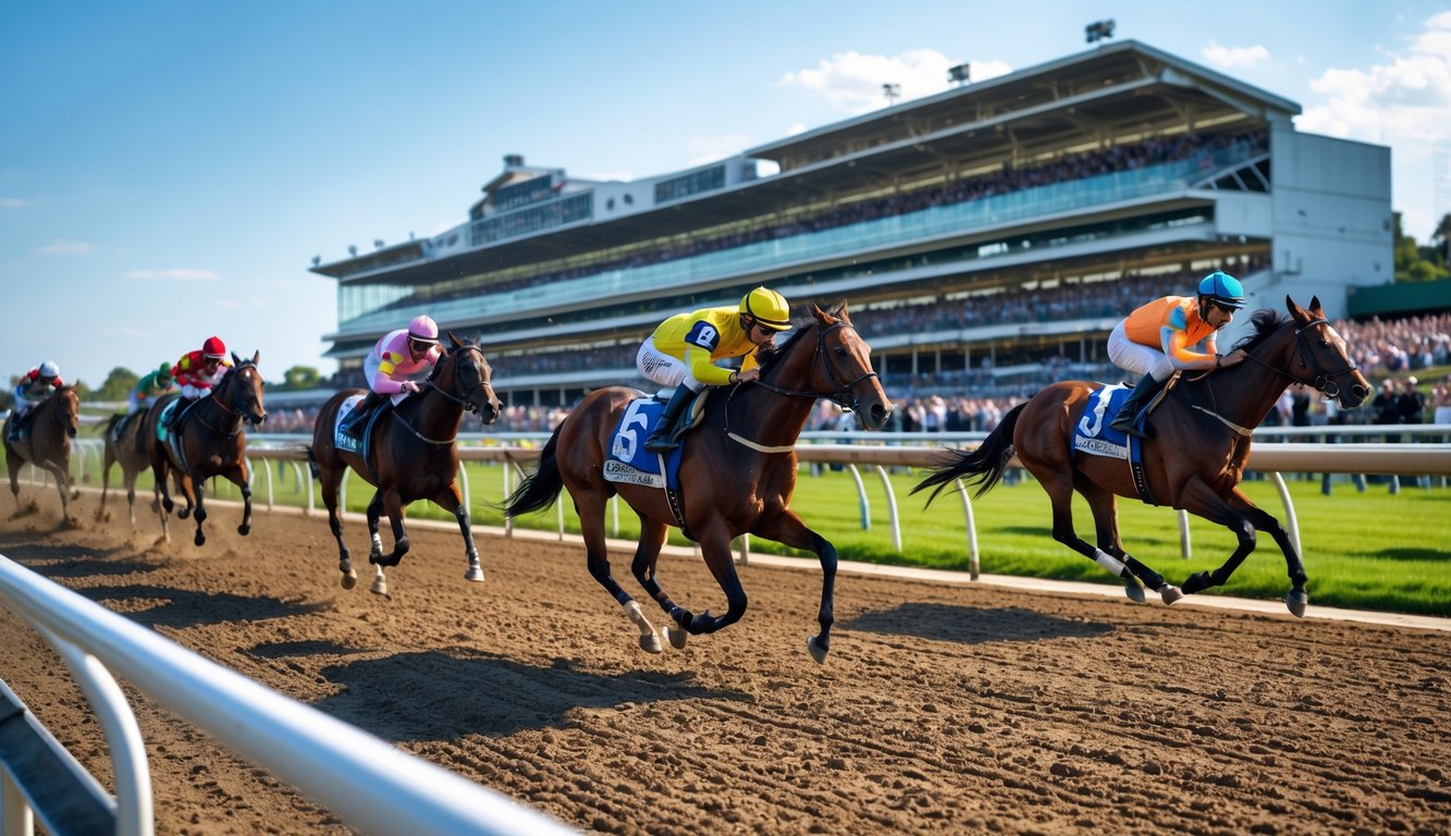 Beberapa kuda pacu dengan joki berwarna-warni berlari kencang di lintasan pacuan kuda dengan tribun penonton penuh di latar belakang.