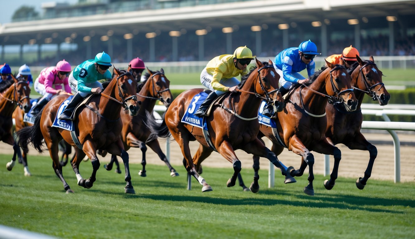 Beberapa kuda pacuan sedang berlari cepat di lintasan balap dengan joki mengenakan pakaian berwarna-warni, di bawah langit cerah dan latar belakang tribun penonton.