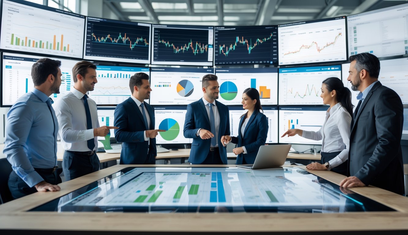 Sekelompok profesional sedang berdiskusi di kantor modern dengan layar digital yang menampilkan grafik dan data terkait balap kuda.