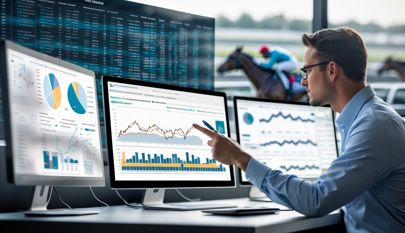 Seorang analis data sedang memeriksa grafik dan data di beberapa layar komputer yang menampilkan statistik balap kuda di sebuah ruang kerja modern.