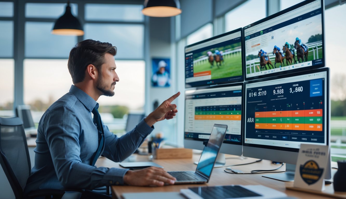 Seseorang sedang menganalisis data balap kuda di depan beberapa layar komputer di ruang kerja modern.