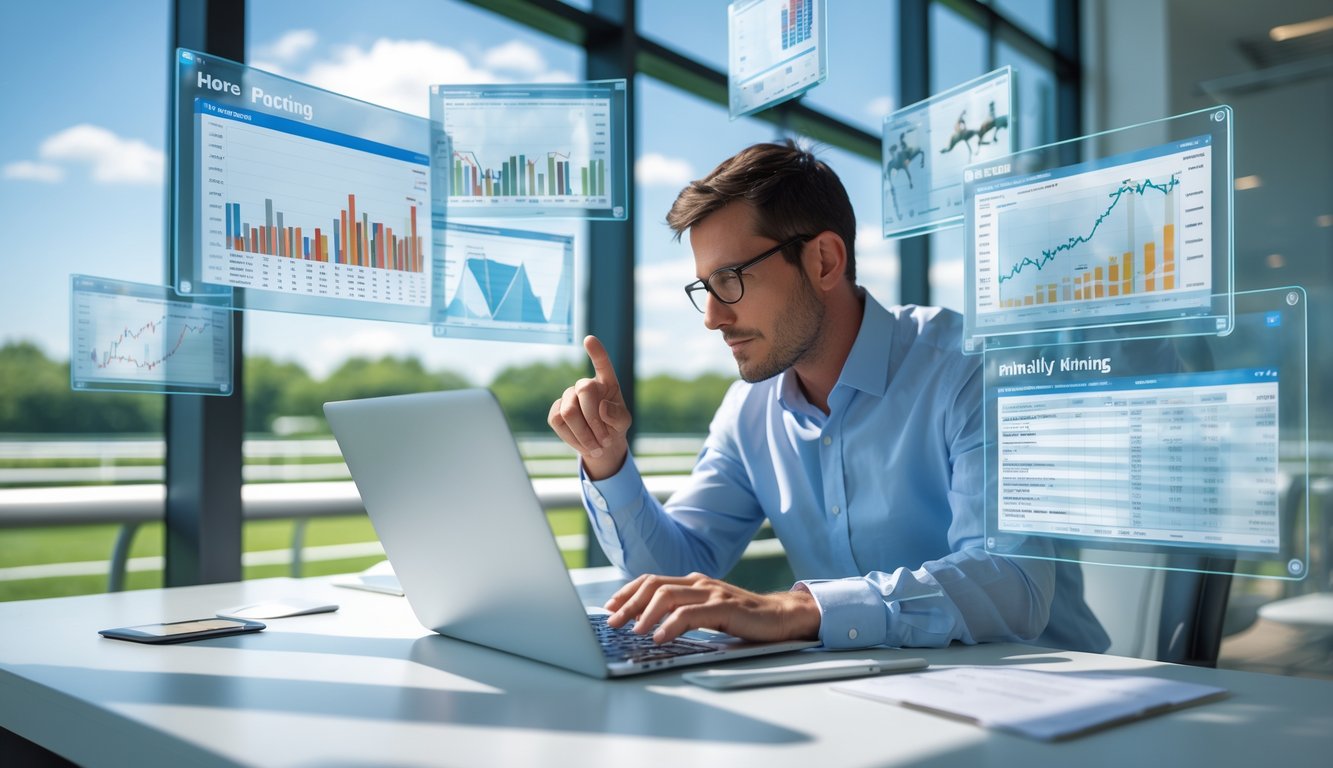 Seseorang sedang menganalisis data balap kuda di depan laptop dengan grafik dan statistik, dengan latar belakang lintasan balap kuda yang terlihat samar.