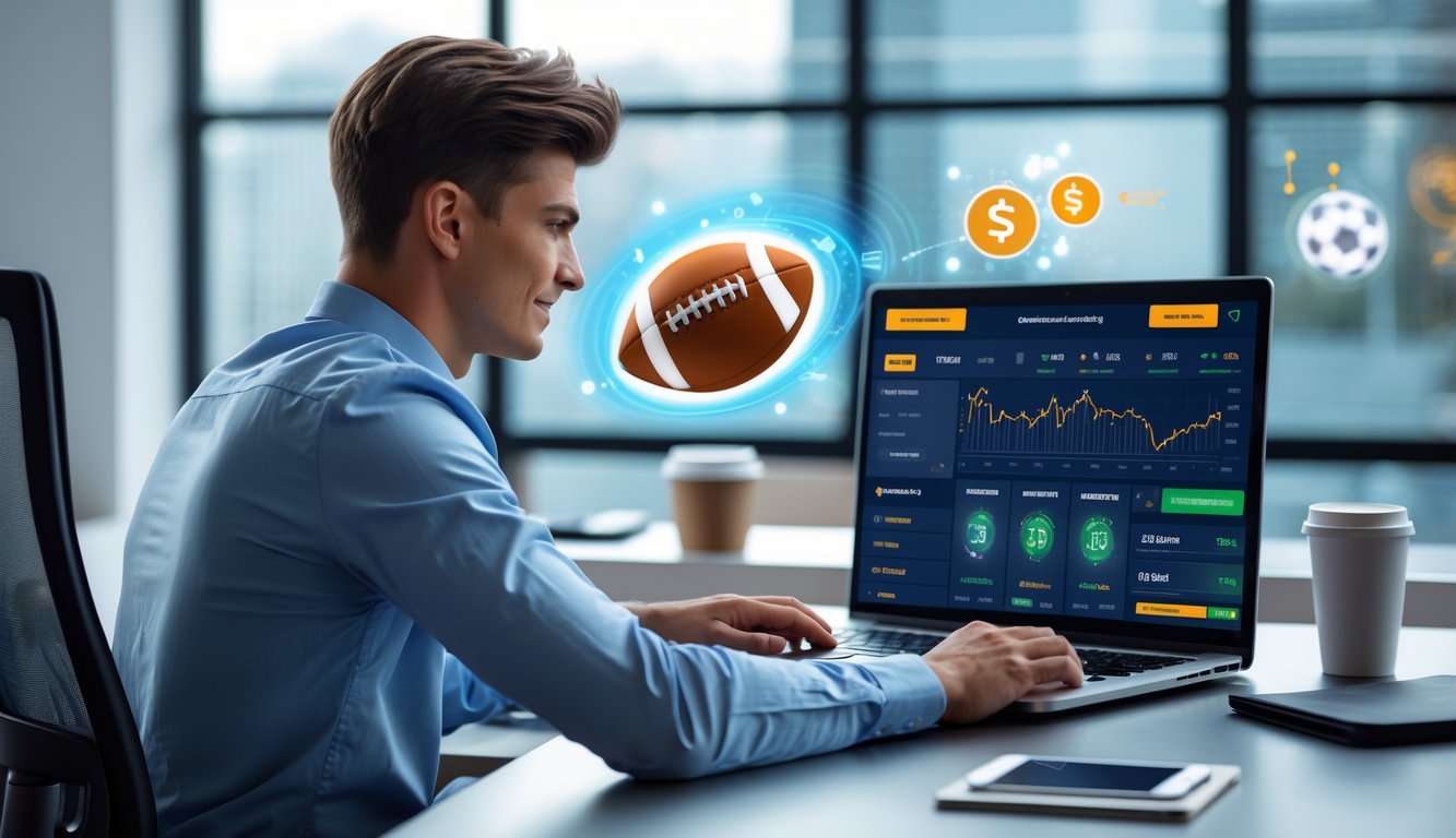 Seorang pria muda duduk di meja kantor modern sambil melihat layar laptop dengan tampilan taruhan olahraga digital.