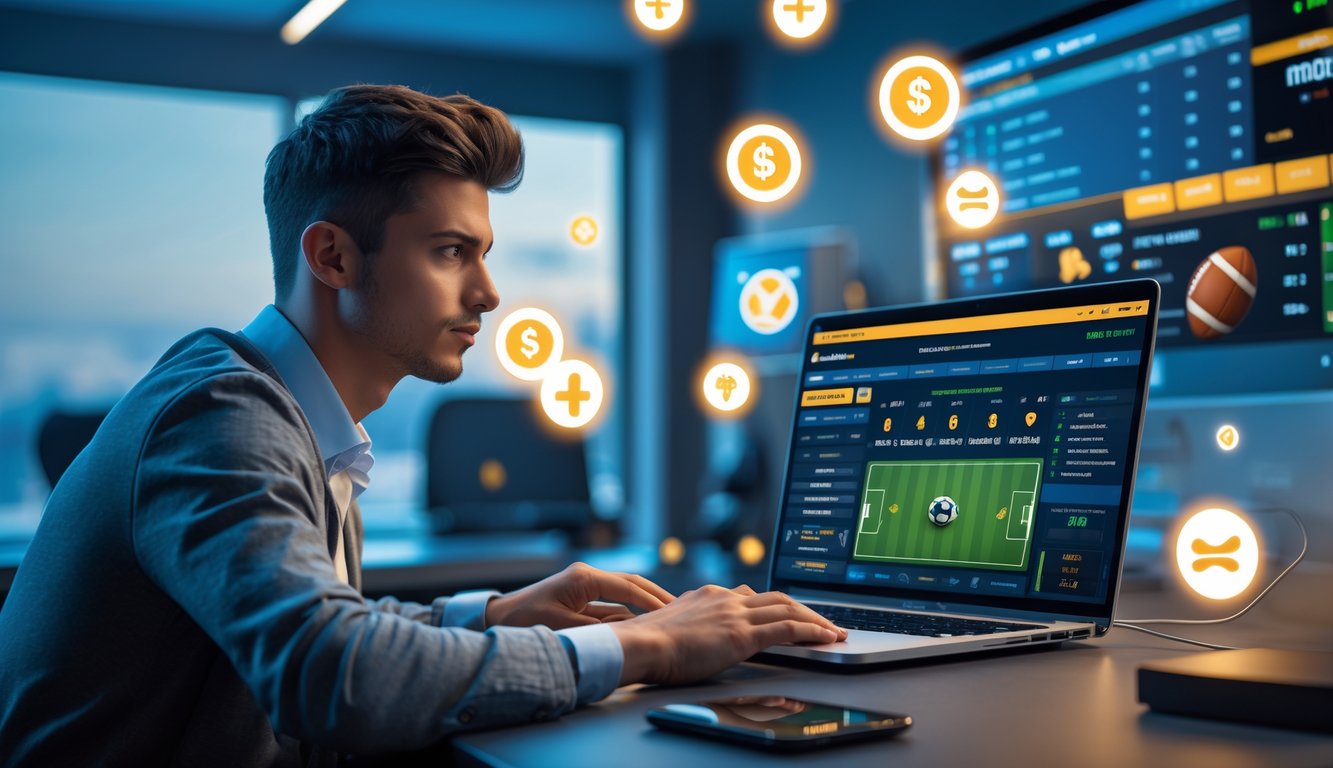 Seorang pria muda menggunakan laptop di meja kerja modern dengan ikon terkait taruhan bola dan suasana yang profesional.
