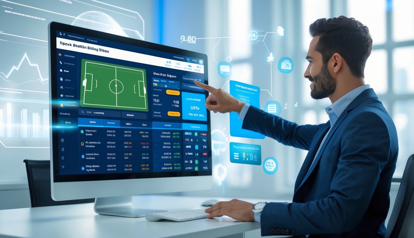 Seorang profesional sedang menggunakan komputer dengan tampilan taruhan sepak bola online dan grafik peluang di layar.