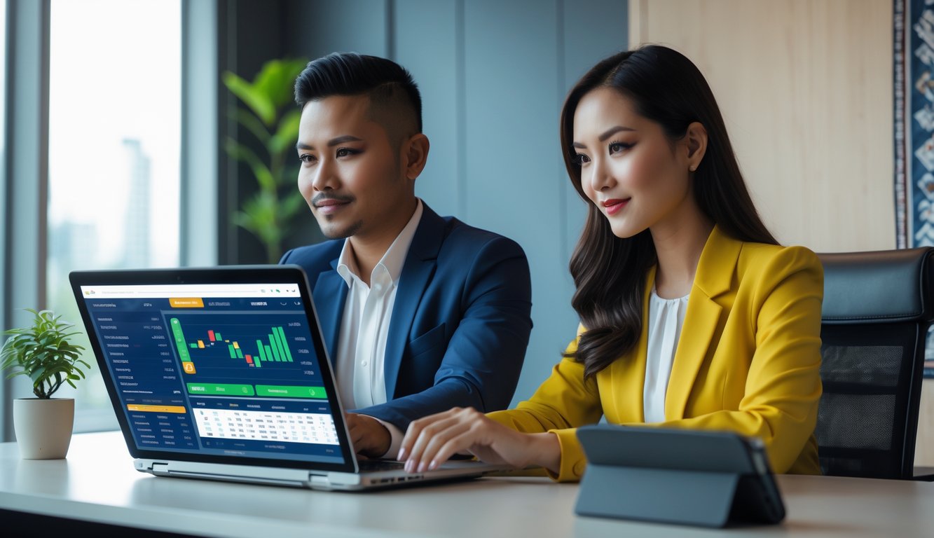 Seorang pria dan wanita Indonesia duduk bersama di meja kantor modern, melihat layar laptop dengan antarmuka taruhan bola digital.