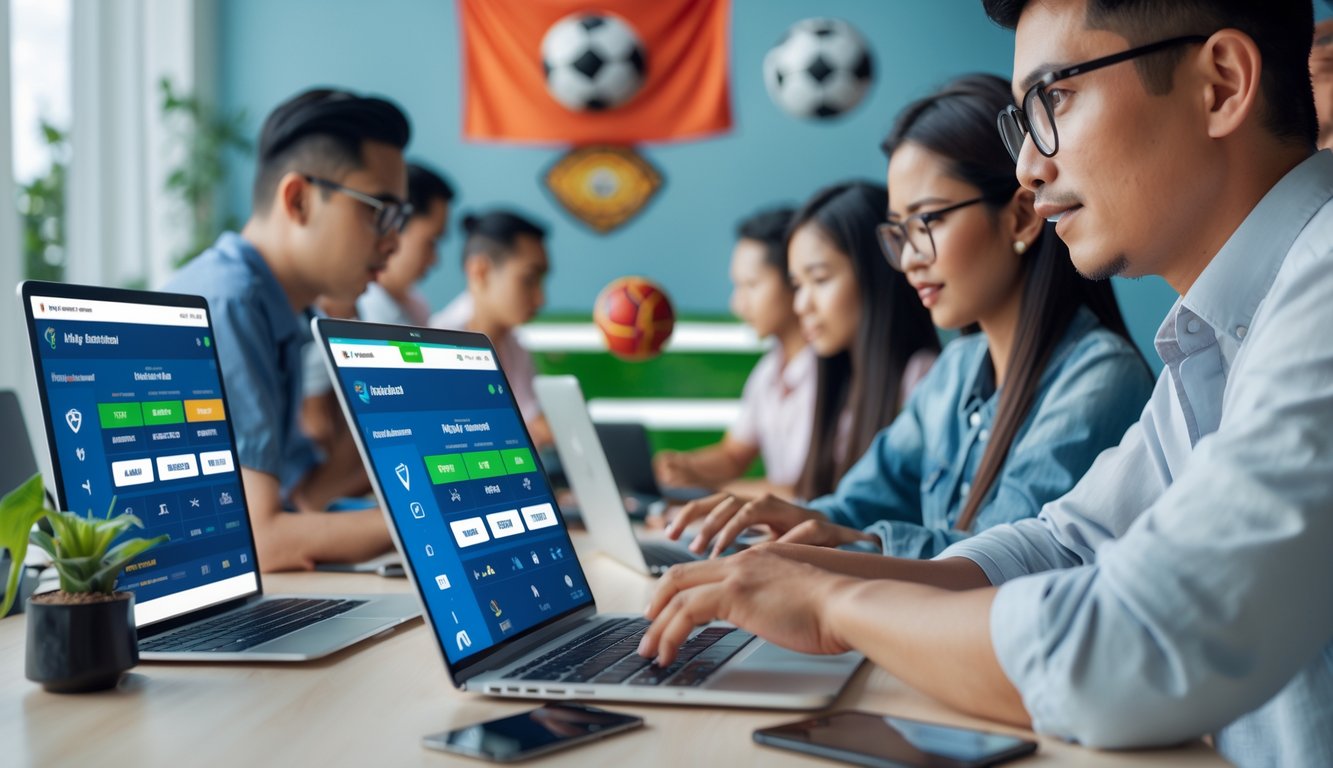 Orang-orang menggunakan laptop dan ponsel untuk memasang taruhan bola online di ruang kerja yang terang dengan elemen budaya Indonesia di latar belakang.