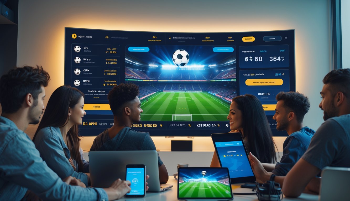 Sekelompok orang muda sedang menggunakan perangkat digital untuk memasang taruhan bola secara online di ruangan modern yang terang.