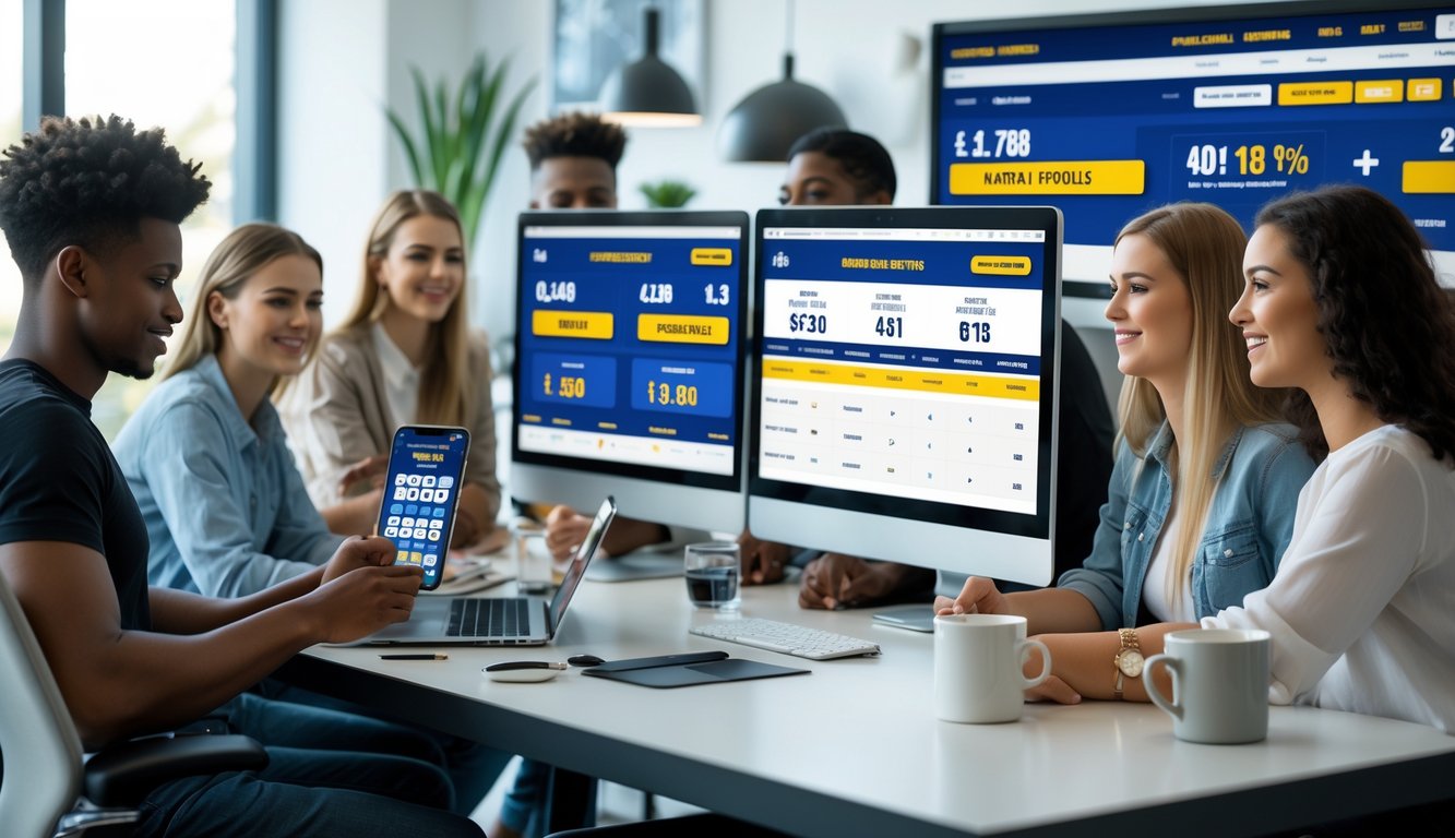 Sekelompok orang muda sedang menggunakan komputer dan ponsel untuk melihat taruhan bola online di sebuah kantor modern.