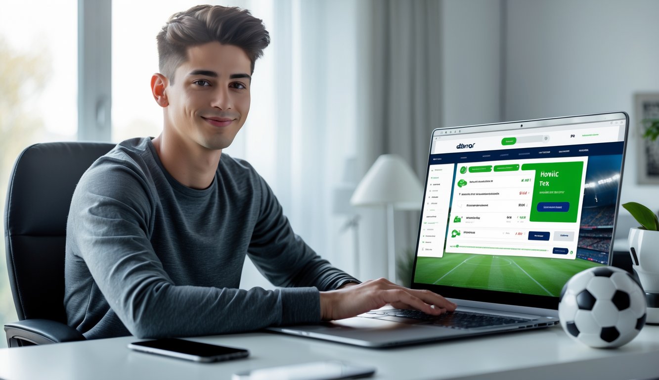 Seorang pria muda duduk di meja dengan laptop, terlihat fokus dan percaya diri saat menggunakan situs judi bola online.