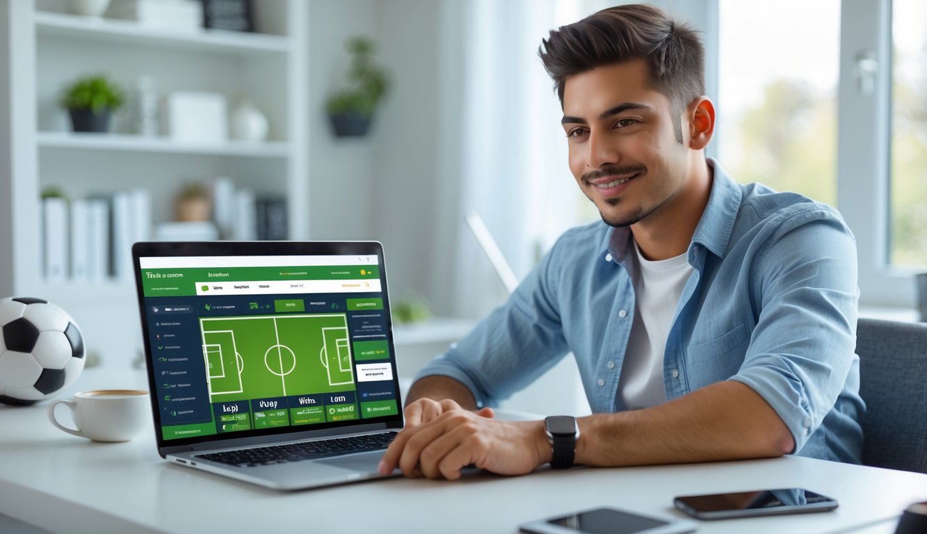 Seorang pria muda duduk di meja kerja dengan laptop yang menampilkan situs judi bola online, terlihat fokus dan optimis.
