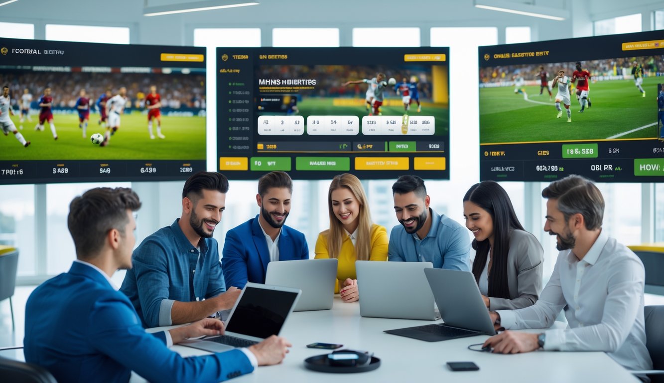 Beberapa orang menggunakan perangkat digital untuk memasang taruhan langsung pada pertandingan sepak bola secara online di ruangan modern.