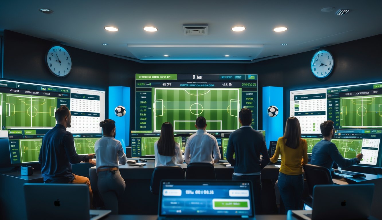 Beberapa orang sedang menggunakan perangkat digital untuk memasang taruhan langsung pada pertandingan sepak bola di sebuah ruangan modern.