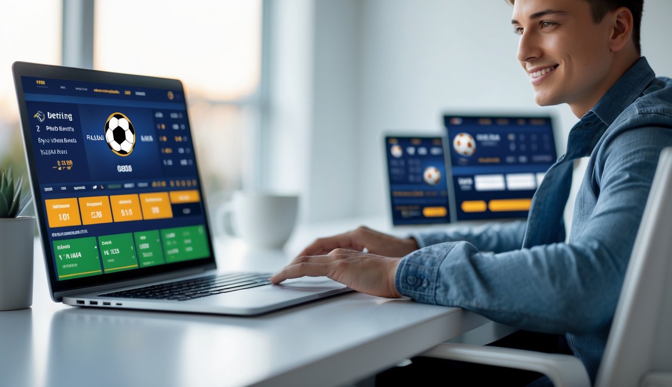 Seorang pria muda duduk di meja dengan laptop dan ponsel yang menampilkan informasi taruhan sepak bola secara online.