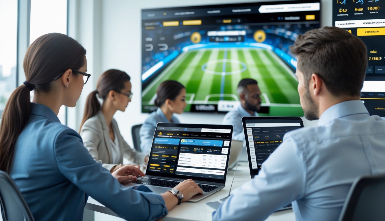 Orang-orang menggunakan laptop dan ponsel di ruang kantor modern dengan layar besar menampilkan grafik sepak bola dan data waktu nyata.